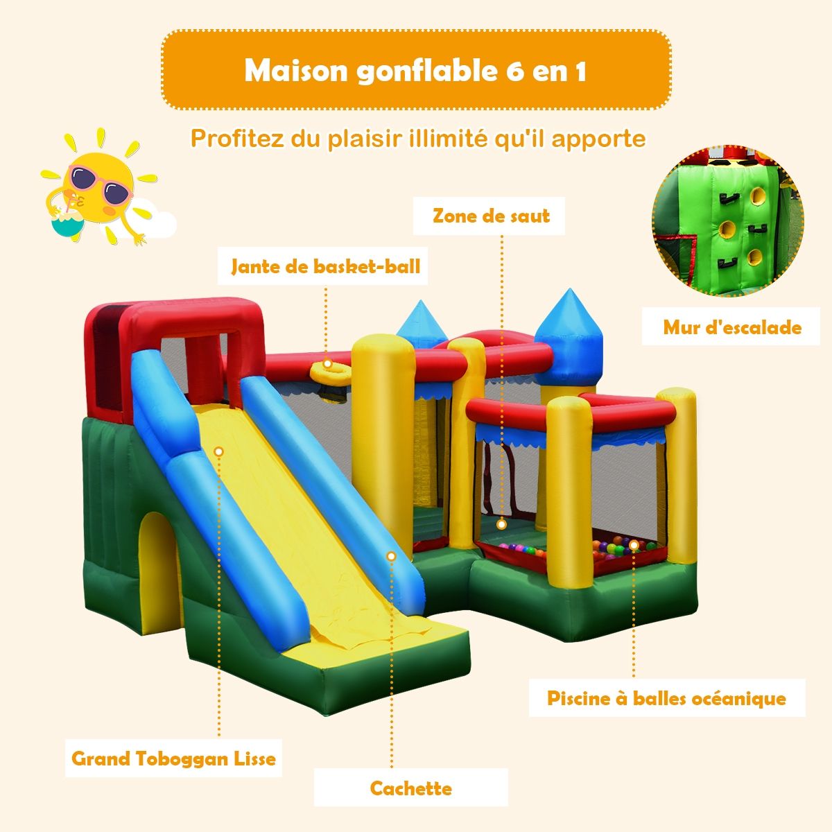 4 in 1 Inflatable Castle for Children 3-10 Years Old with Slide Jumping Area Climbing Wall Basketball Hoop - - Image 6