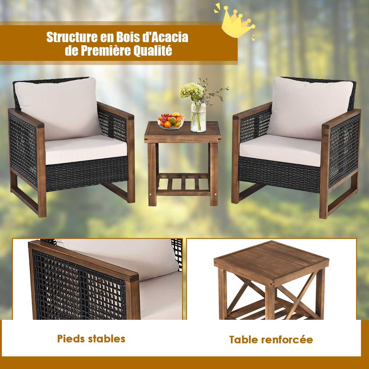 Acacia Wood Garden Furniture Set Handcrafted Rattan Anti-sun Weather Resistant for Porch Balcony Terrace - - Image 10