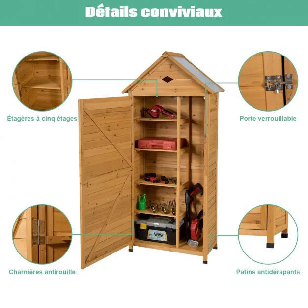 Abri de jardin extérieur à 5 etagères cabane verrouillable en bois de sapin toit en tle galvanisée 20_0005485 - - Image 4