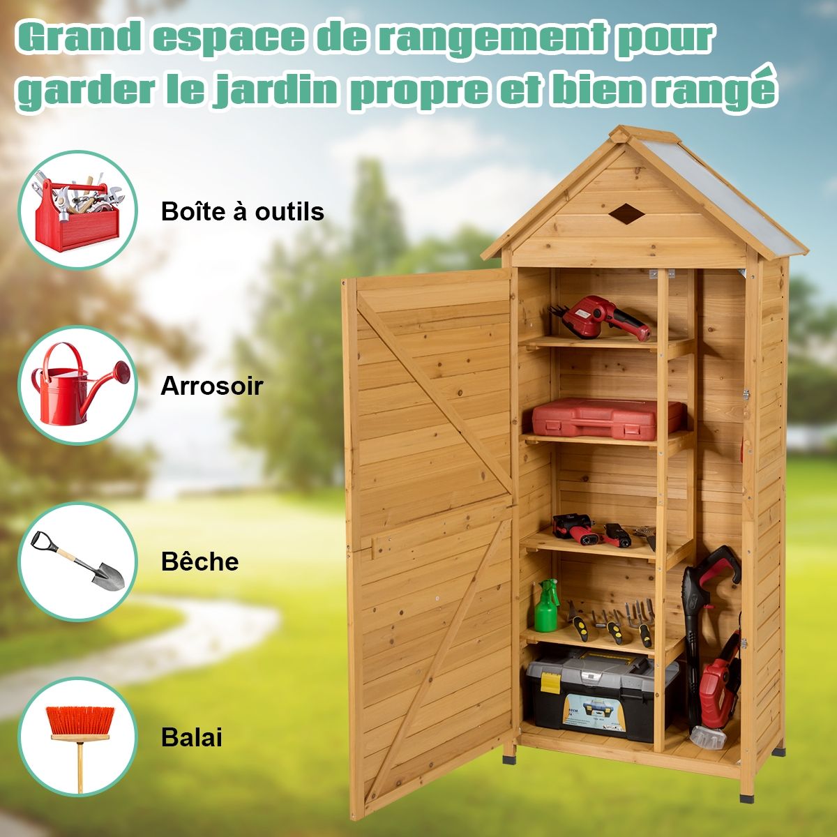 Outdoor Garden Shed with 5 Shelves Lockable Cabin in Fir Wood with Galvanized Sheet Metal Roof - - Image 9