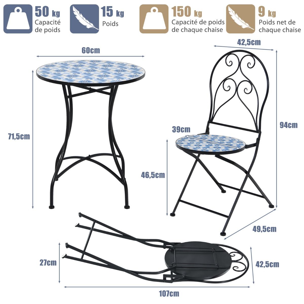 Set of Table and 2 Folding Bistro Chairs for 2 People Design Mosaic Tiles Glued on Cement for Terrace - - Image 8