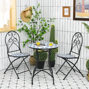 Set of Table and 2 Folding Bistro Chairs for 2 People Design Mosaic Tiles Glued on Cement for Terrace -