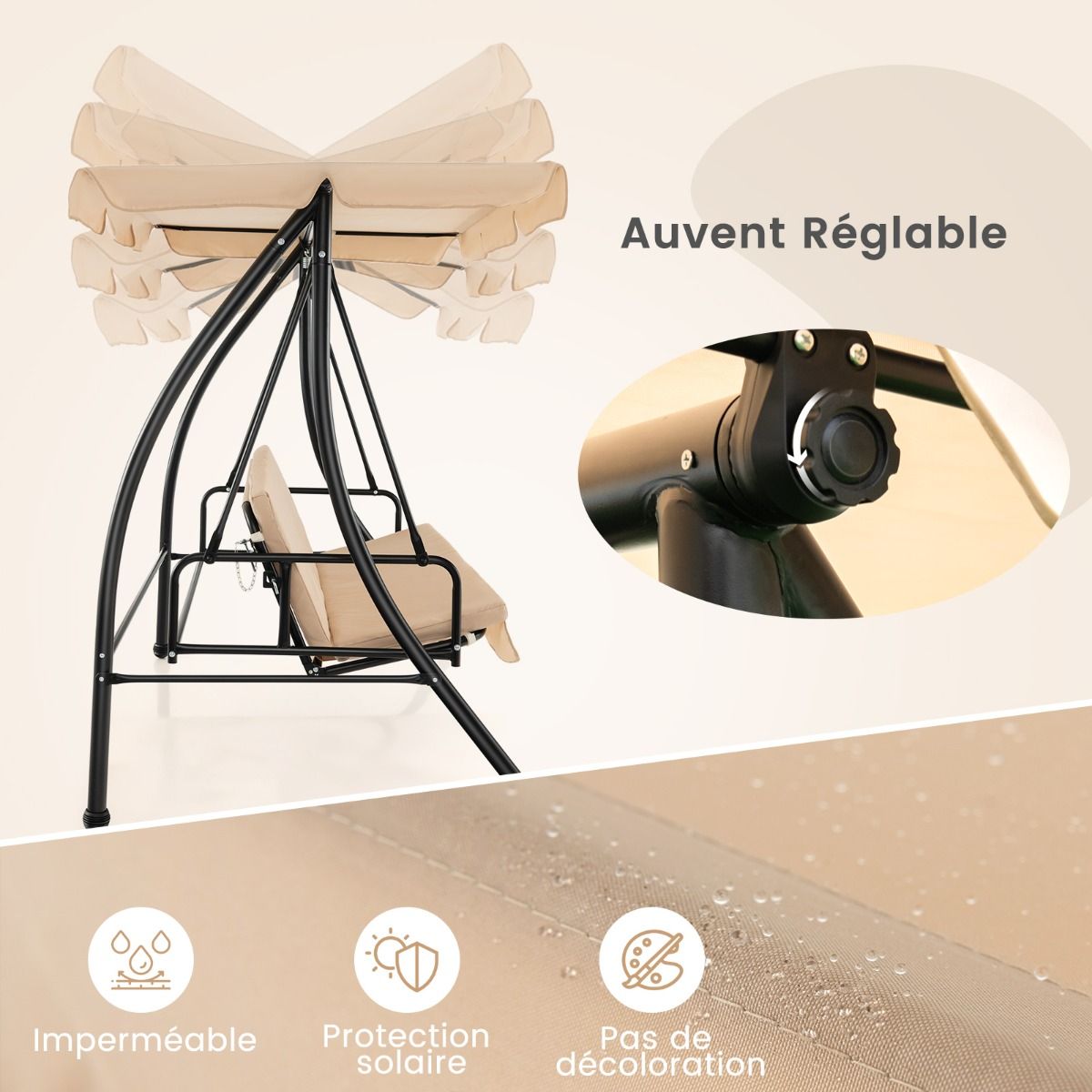 2-Seater Convertible Outdoor Swing with Flat Bed Terrace Hammock with Adjustable Awning and Removable Cushion for Garden - - Image 9
