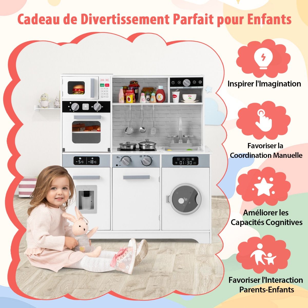 Play Kitchen for Ages 3 and Up Wooden Kitchen Toys with Sink Faucet Water Dispenser Microwave Oven Utensils White - - Image 7