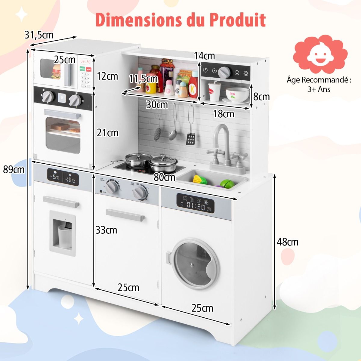 Play Kitchen for Ages 3 and Up Wooden Kitchen Toys with Sink Faucet Water Dispenser Microwave Oven Utensils White - - Image 9
