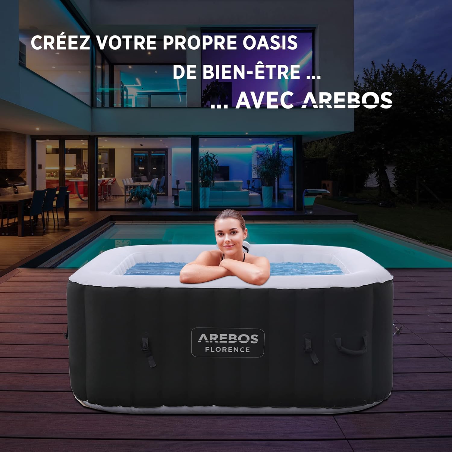 Arebos Inflatable Spa | for indoors and outdoors | 4 People | 154x154cm | 100 Massage Jets | Spa Well-being Heating | Square Inflatable Massage | 600 liters - Image 4