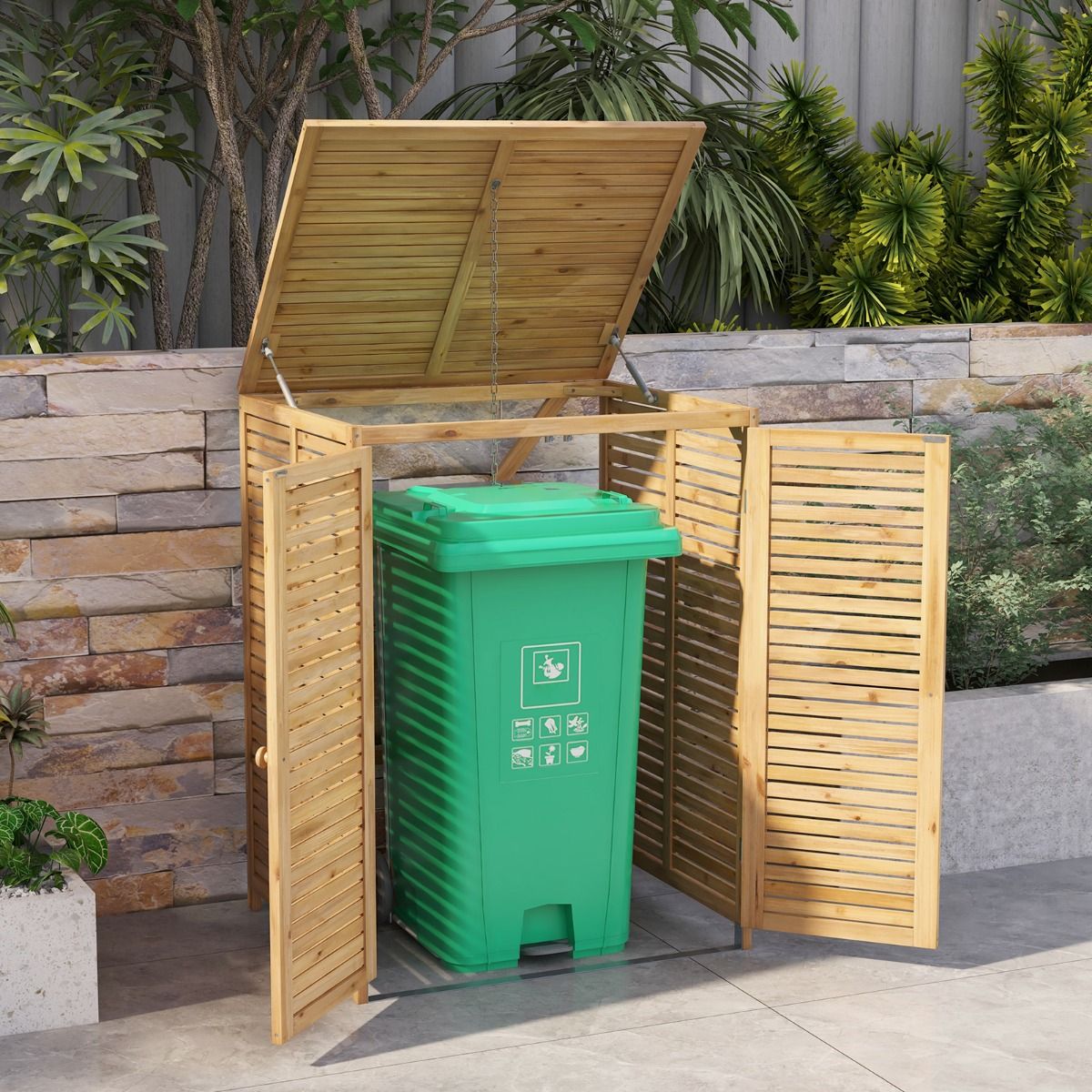120L Wooden Trash Can Shed Outdoor Tool Shed with Openable Lid Double Doors Natural Locking Latch - - Image 3
