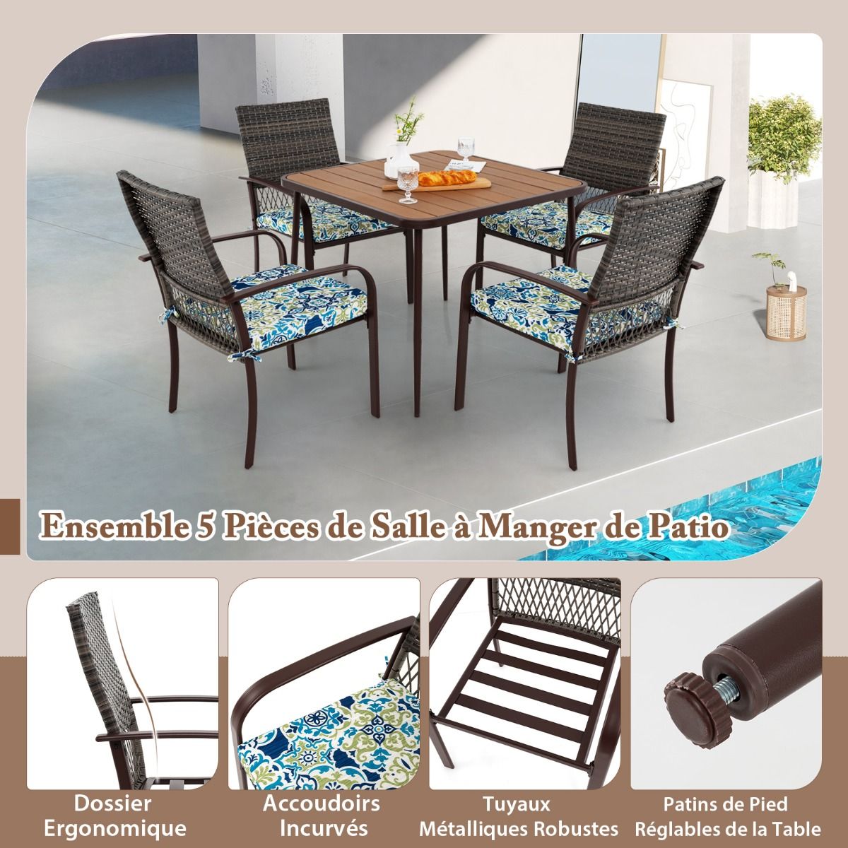 5 Piece Patio Furniture Set Garden Furniture 4 Rattan Armchairs with Cushions and Square Table with Umbrella Hole - - Image 4