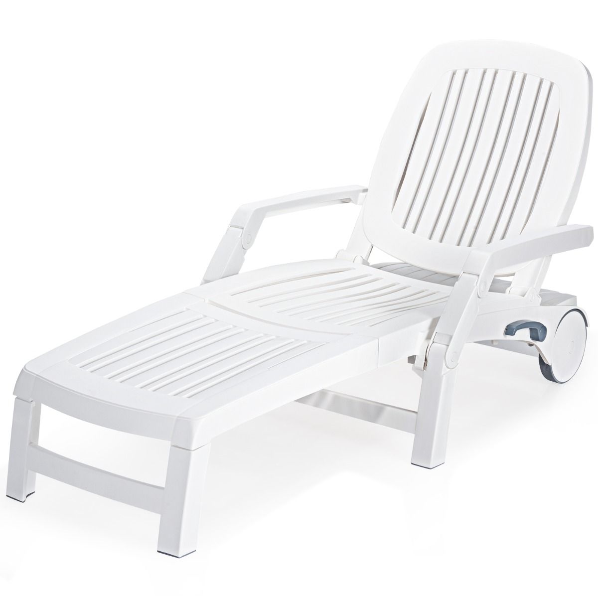 5 Position Adjustable Reclining Lounge Chair with Flexible Wheels Camping Relax Armchair with Storage Box Load 150KG White - - Image 5