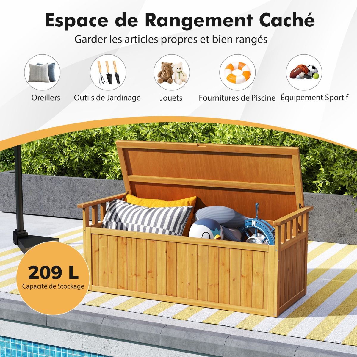 Wooden Storage Bench 2-Seater Outdoor Bench of 209 L with Armrests Wooden Storage Box Load 100KG Natural - - Image 7