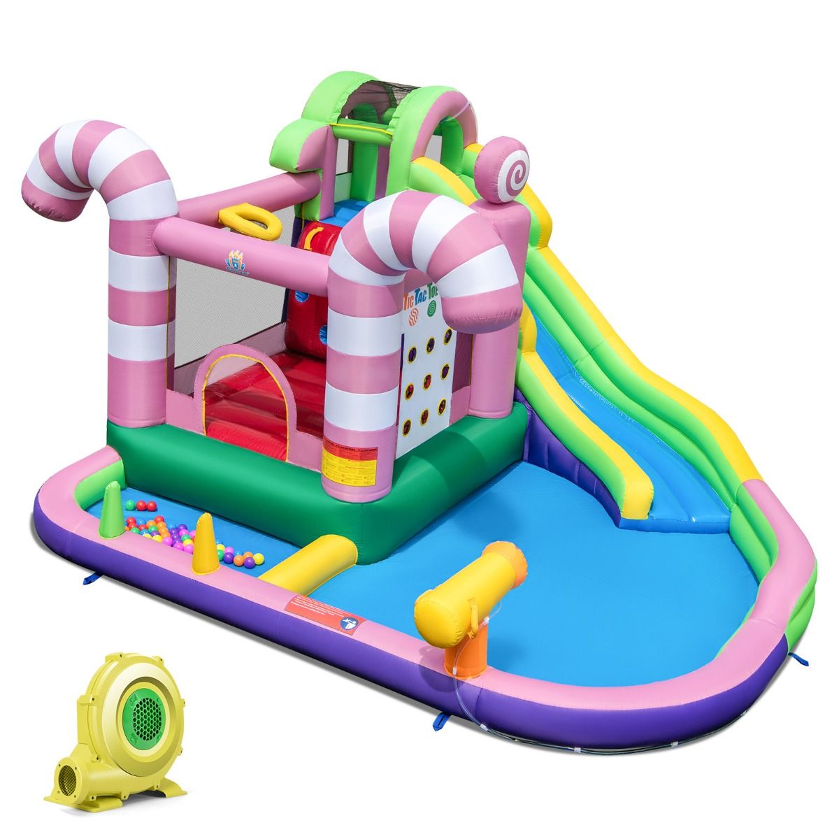 9 in 1 Inflatable Candy Shaped Castle with Slide Inflatable Jumping House with Water Gun Load 90kg for 2 Children Ages 3-10 - - Image 3