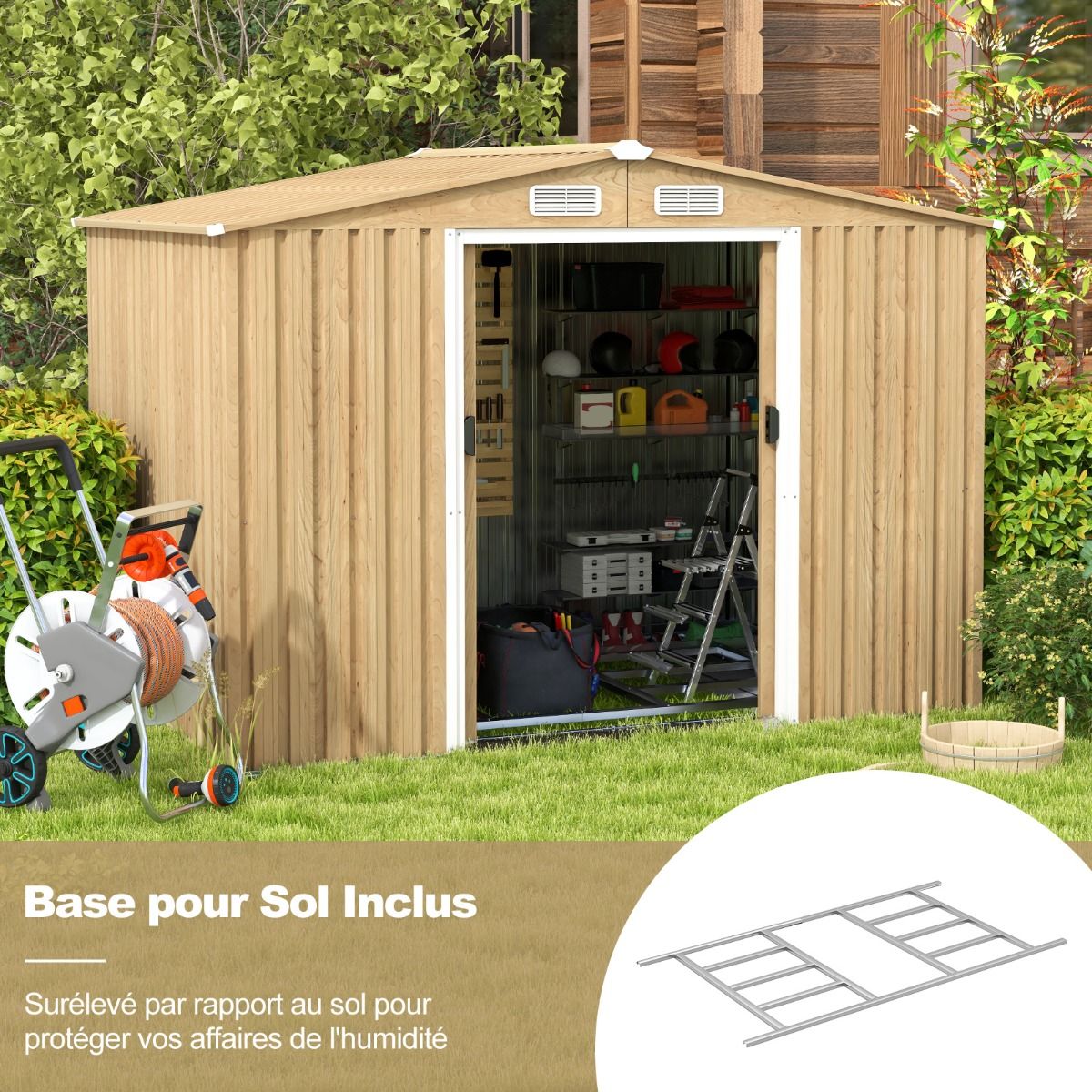 Storage Shed 259cm x196cm with Foundation Base Home Galvanized Metal Tools with 4 Vents Waterproof and Windproof Natural - - Image 5