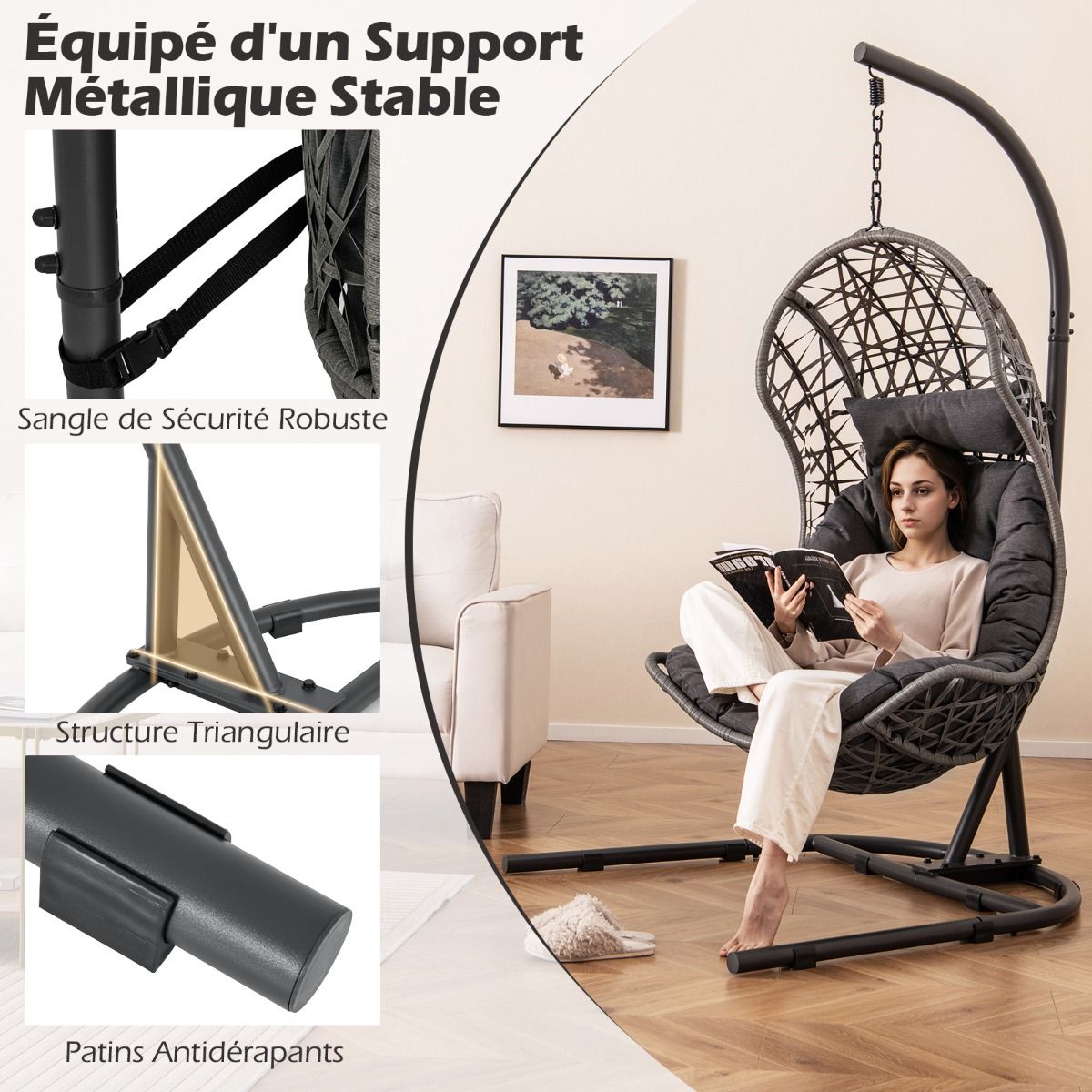 PE Rattan Egg Chair with Support with Pillow and Cushion Hanging Chair with Suspension Accessories Capacity 160 Kg Gray - - Image 6