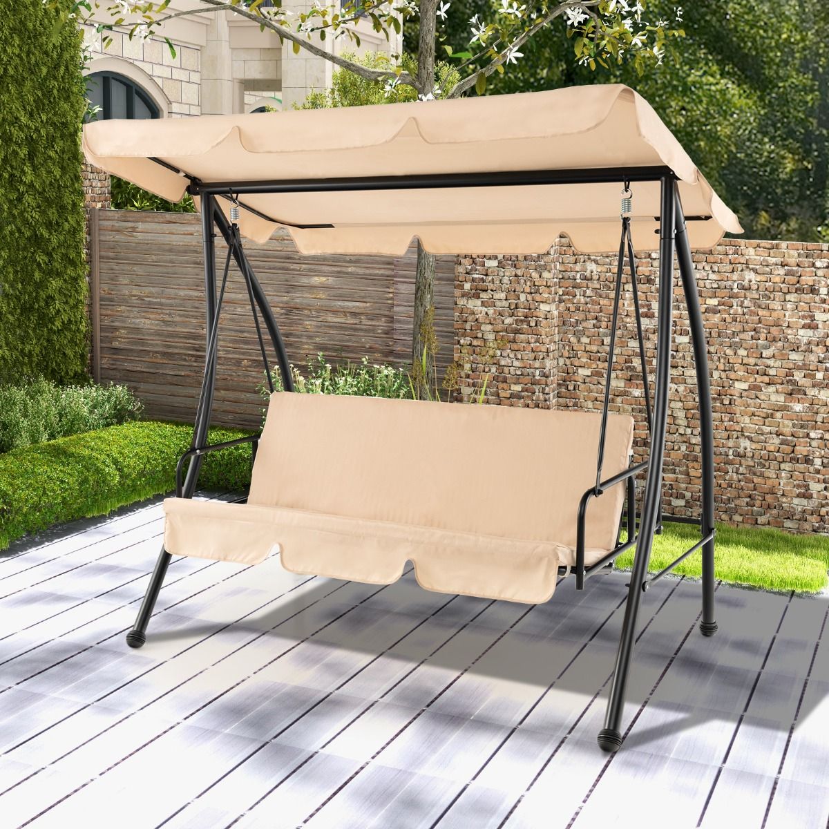 2-Seater Convertible Outdoor Swing with Flat Bed Terrace Hammock with Adjustable Awning and Removable Cushion for Garden - - Image 2