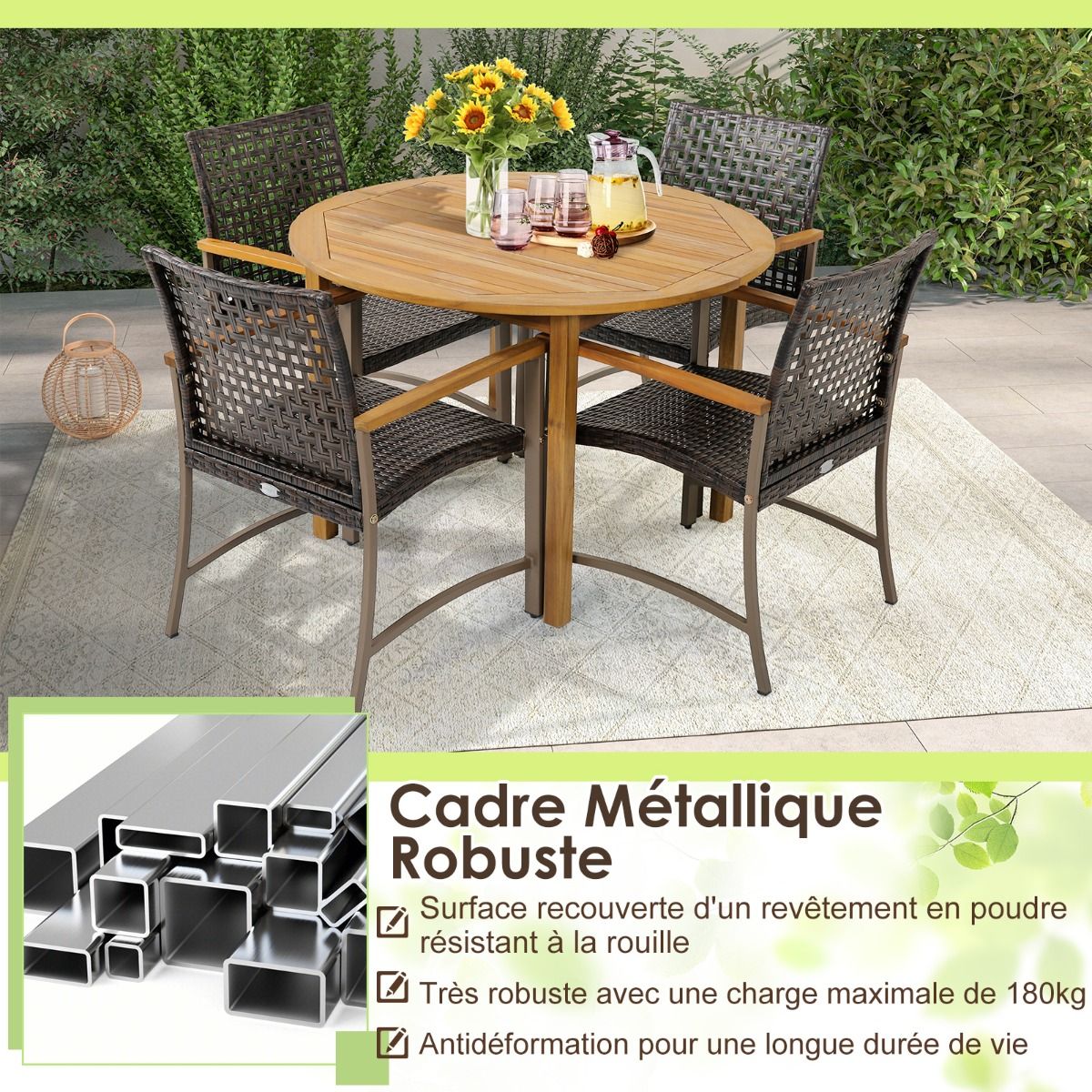 Set of 4 Rattan Chairs for Outdoors Chairs with Acacia Wood Armrests Robust Metal Frame Ergonomic Chairs - - Image 7