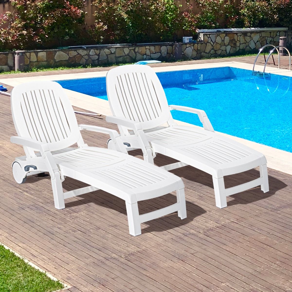 5 Position Adjustable Reclining Lounge Chair with Flexible Wheels Camping Relax Armchair with Storage Box Load 150KG White - - Image 3