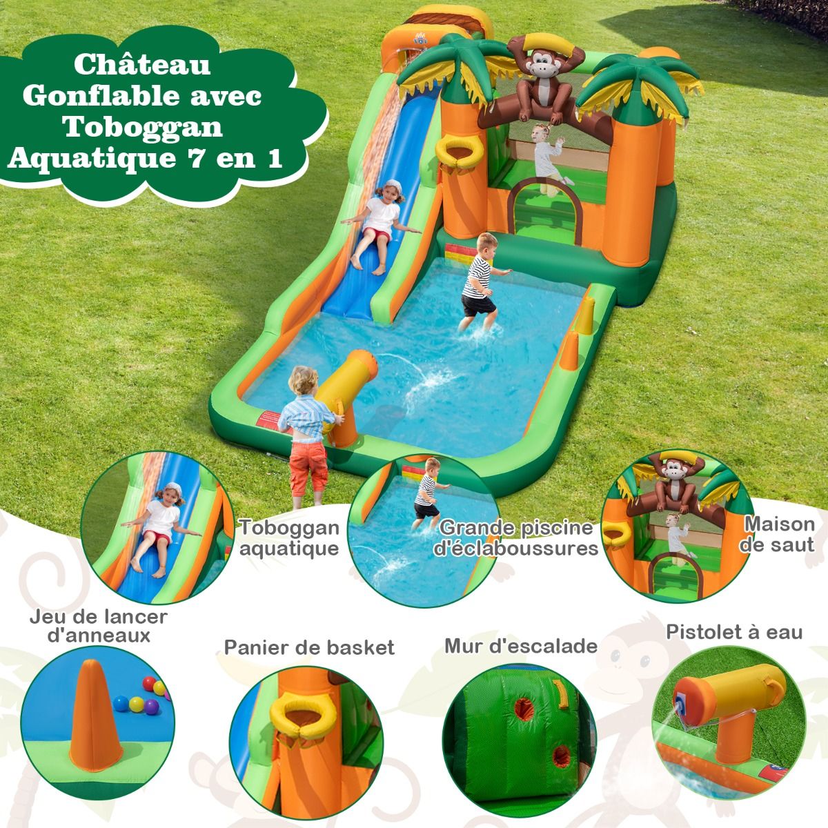 7 in 1 Tropical Inflatable Castle with Monkey & Palm Tree Theme with Water Slide with Pool & 50 Balls Load 90kg for 2 Children Aged 3-10 - - Image 5