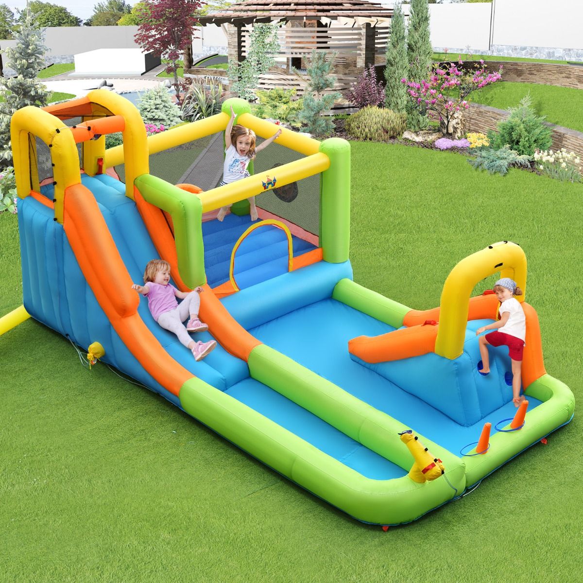 8 in 1 Inflatable Castle with 2 Slides Water Park with Jumping House Load 135kg for 3 Children Aged 3-10 - - Image 2