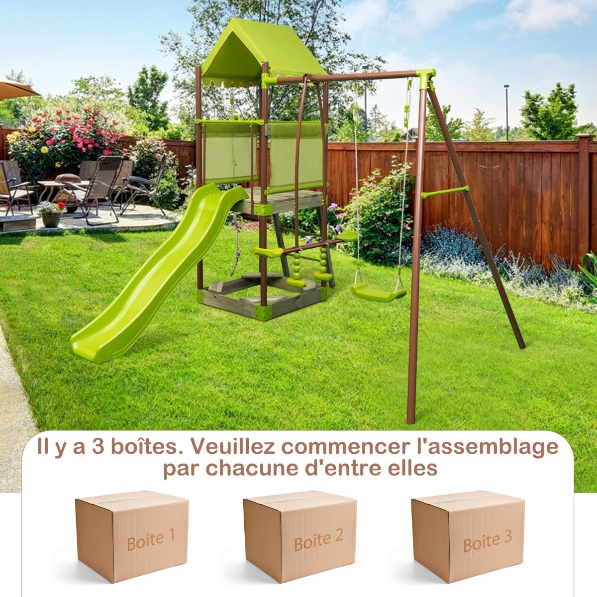 7-in-1 Swing Metal Playground with Covered Fort Height Adjustable Climbing Rope Sandbox Slider Corrugated Slide Green - - Image 8