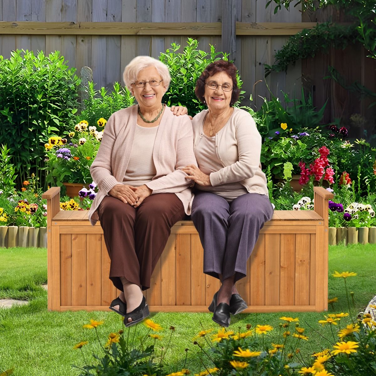 Wooden Storage Bench 2-Seater Outdoor Bench of 209 L with Armrests Wooden Storage Box Load 100KG Natural - - Image 2