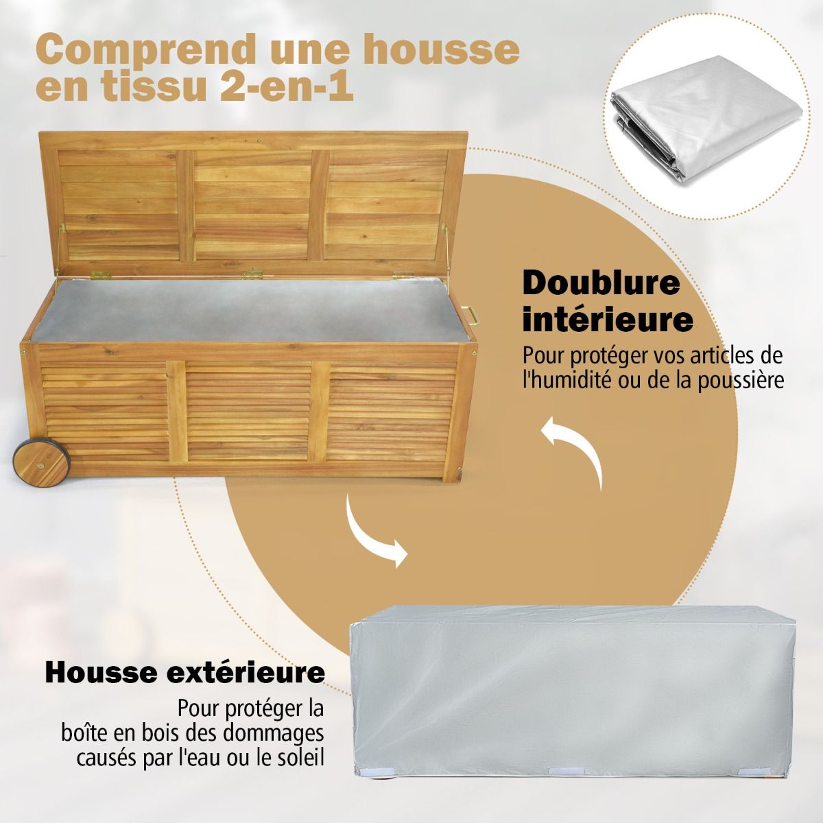 182L Acacia Wood Storage Chest Metal Hinge Outdoor Storage Bench on Wheels for Garden Patio - - Image 8