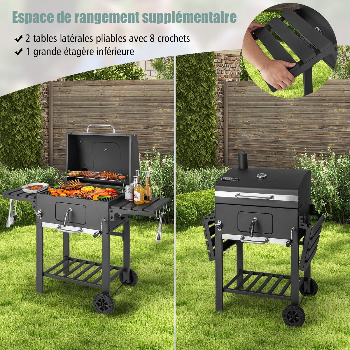 Portable Charcoal Barbecue with 2 Side Tables Black - - Image 8