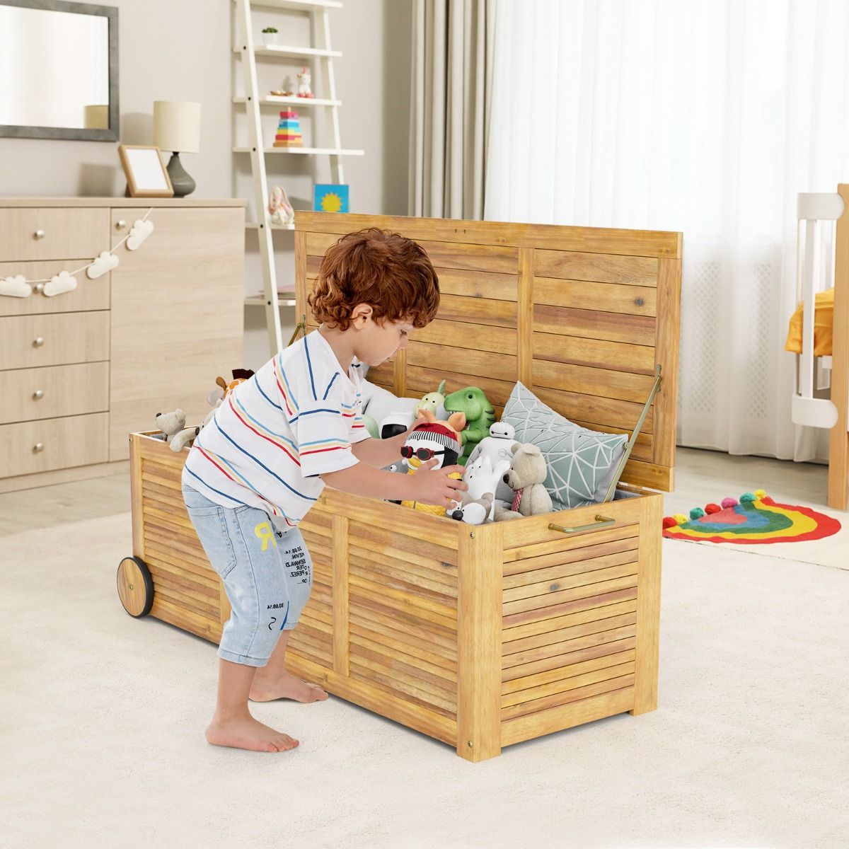 182L Acacia Wood Storage Chest Metal Hinge Outdoor Storage Bench on Wheels for Garden Patio - - Image 2