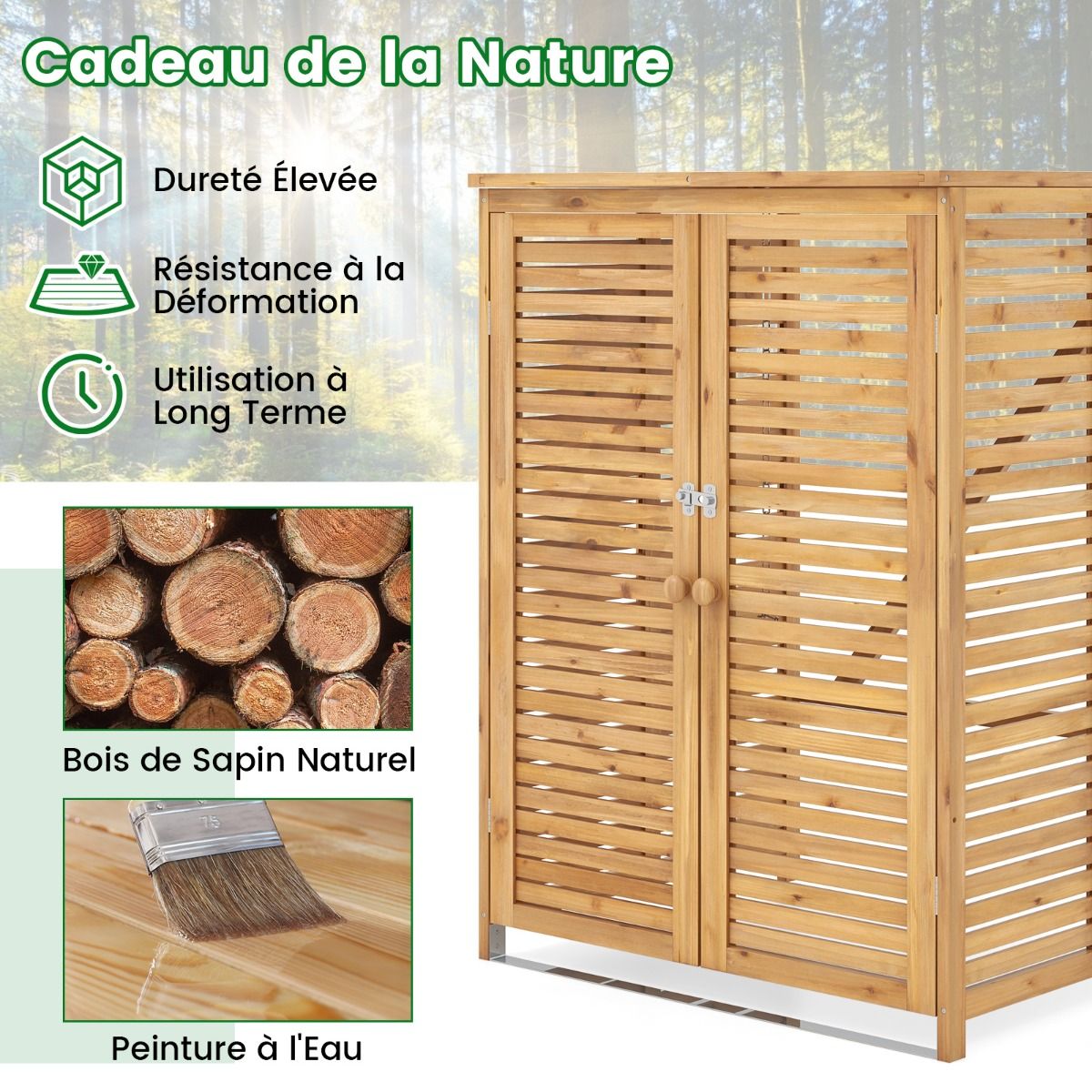 120L Wooden Trash Can Shed Outdoor Tool Shed with Openable Lid Double Doors Natural Locking Latch - - Image 6