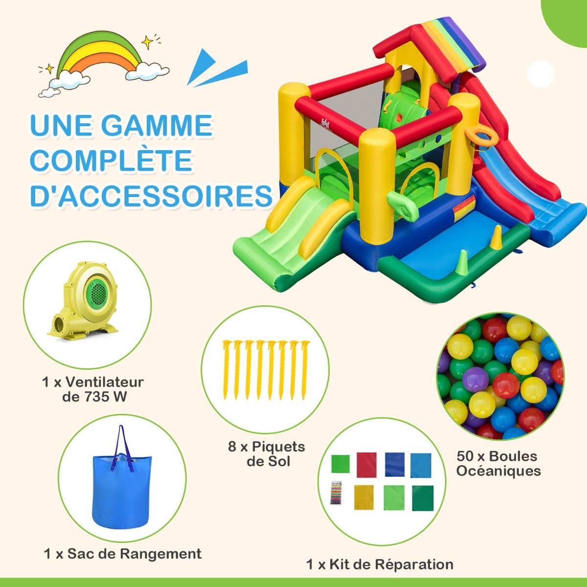 7 in 1 Rainbow Theme Inflatable Castle with Fan Double Slides Pool Balls Basketball Hoop Load 90kg - - Image 5