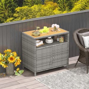 Outdoor Rattan Storage Cabinet Garden Cabinet with Acacia Wood Top Open Compartment 2-Door Sideboard -