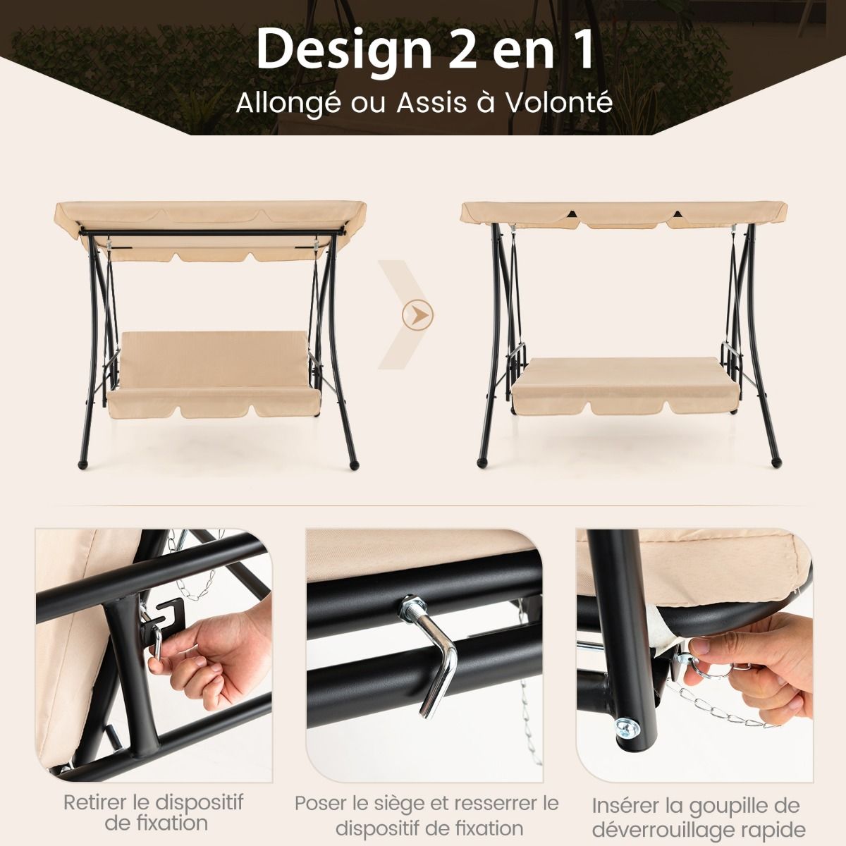 2-Seater Convertible Outdoor Swing with Flat Bed Terrace Hammock with Adjustable Awning and Removable Cushion for Garden - - Image 8