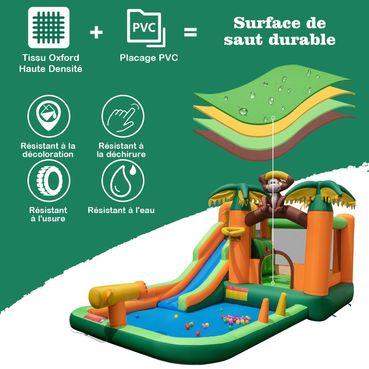 7 in 1 Tropical Inflatable Castle with Monkey & Palm Tree Theme with Water Slide with Pool & 50 Balls Load 90kg for 2 Children Aged 3-10 - - Image 7