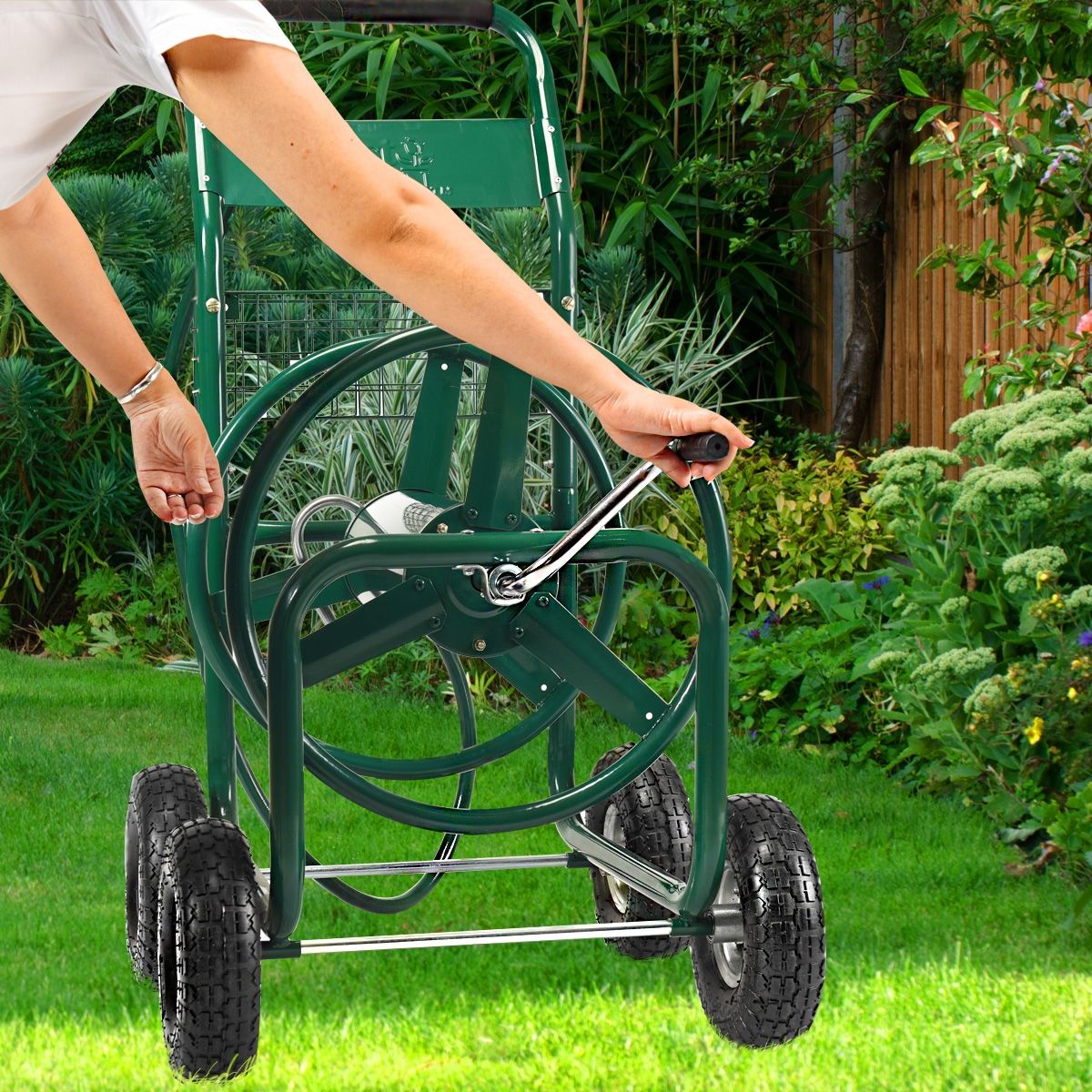 Garden Hose Reel with 4 Wheels Trolley for 1.7m of Watering Hose Basket, 95x62x113cm, Green - - Image 3
