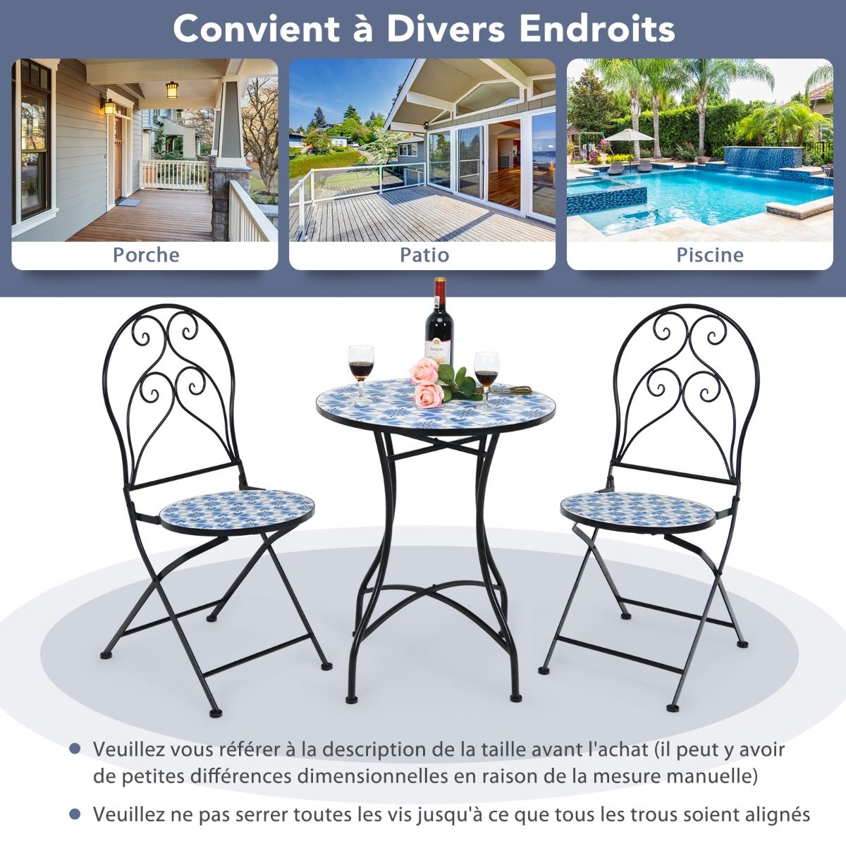 Set of Table and 2 Folding Bistro Chairs for 2 People Design Mosaic Tiles Glued on Cement for Terrace - - Image 5