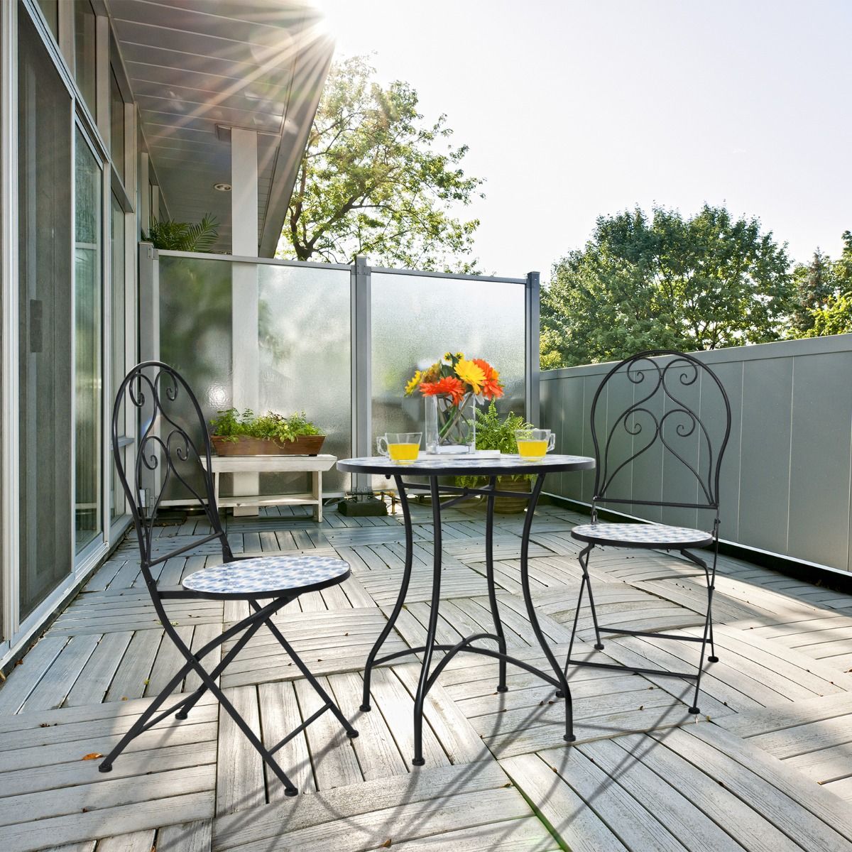Set of Table and 2 Folding Bistro Chairs for 2 People Design Mosaic Tiles Glued on Cement for Terrace - - Image 2