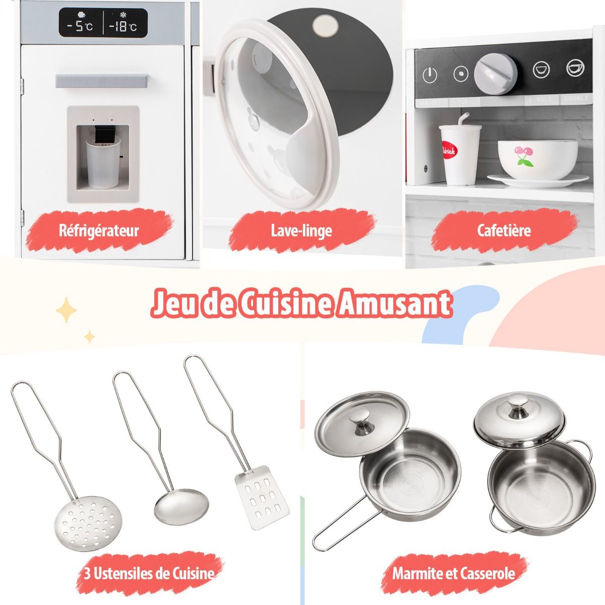 Play Kitchen for Ages 3 and Up Wooden Kitchen Toys with Sink Faucet Water Dispenser Microwave Oven Utensils White - - Image 8