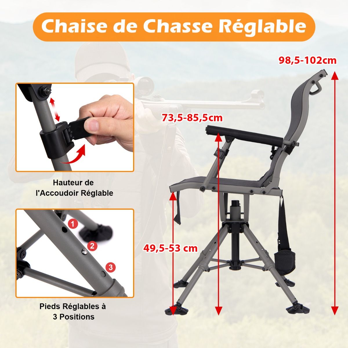 Portable Hunting Chair Shooting Chair with Adjustable Folding Seat 360° Rotation Adjustable Rifle Support Load 150 kg Black - - Image 7