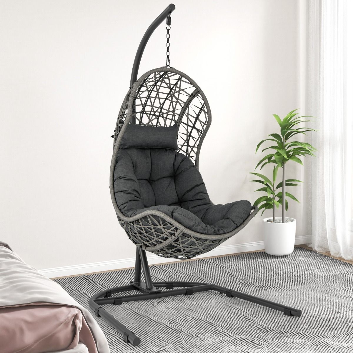 PE Rattan Egg Chair with Support with Pillow and Cushion Hanging Chair with Suspension Accessories Capacity 160 Kg Gray - - Image 2