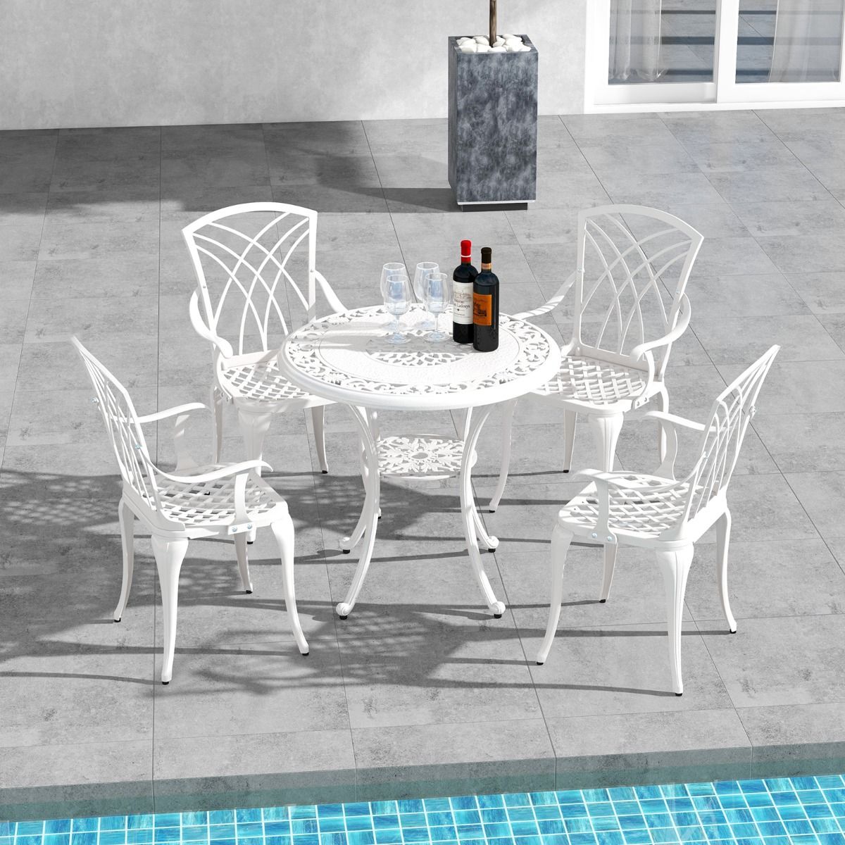 5 Pcs Cast Aluminum Garden Furniture Parasol Hole Adjustable Footrest Round Table Set and 4 Chairs White - - Image 2
