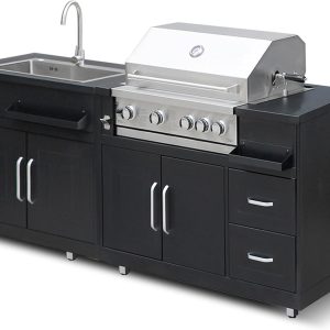 Outdoor metal kitchen with barbecue sink and storage