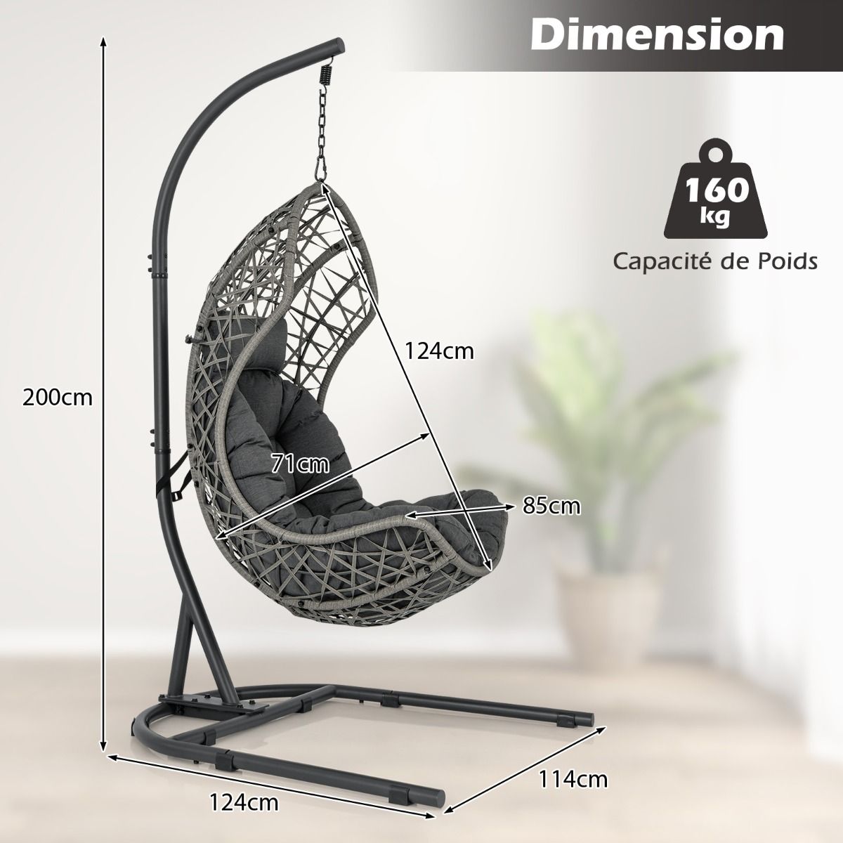 PE Rattan Egg Chair with Support with Pillow and Cushion Hanging Chair with Suspension Accessories Capacity 160 Kg Gray - - Image 10