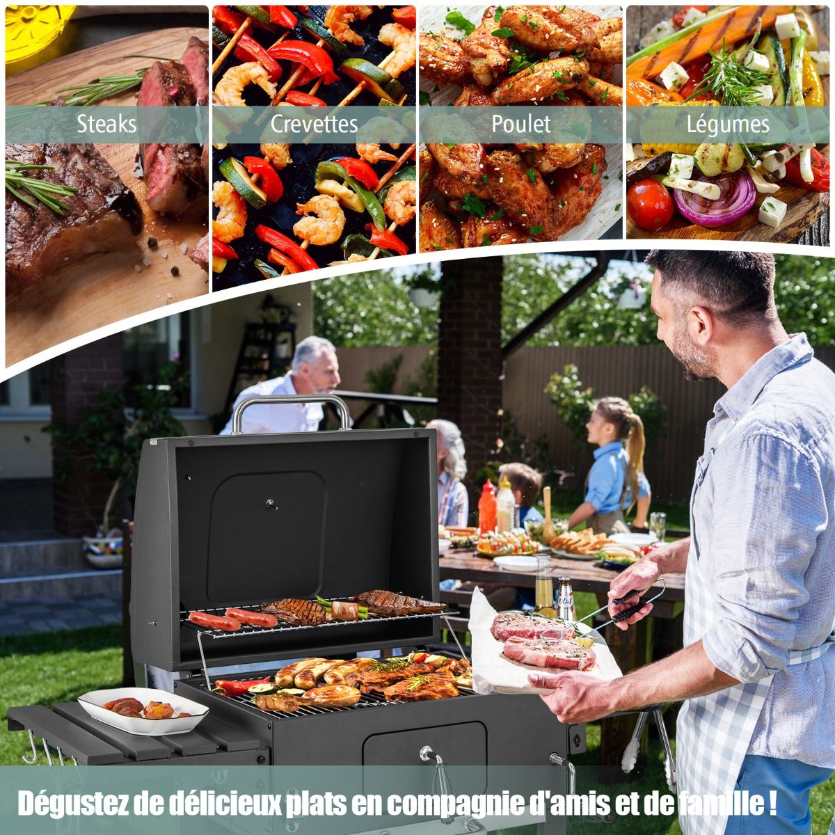 Portable Charcoal Barbecue with 2 Side Tables Black - - Image 9