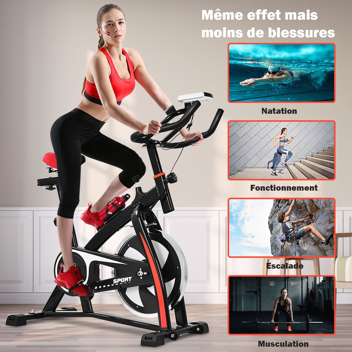 Department Bike Silent Bike with Belt and 10kg Iron Inertia Wheel Handlebar and Adjustable Saddle Black + Red - - Image 5
