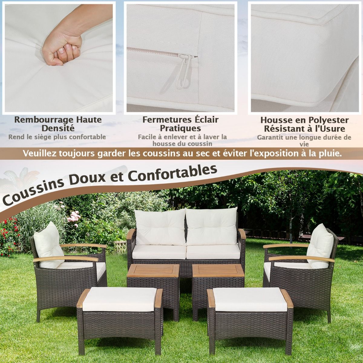 7 Piece PE Rattan Patio Sofa Set with Seat and Back Cushions 2 Ottomans 2 Coffee Tables Table Top - - Image 5