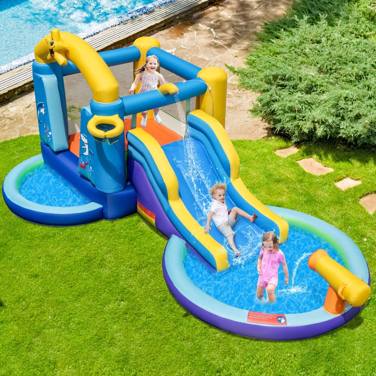 Ocan 6 in 1 Inflatable Castle with 680W Blower Water Slide & 2 Pools Inflatable Bounce House Load 90kg -