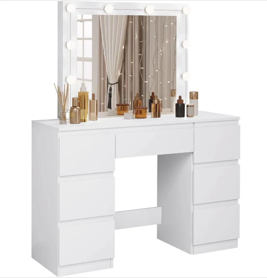 White Dressing Table with LED Mirror - 7 Drawers - - Image 3