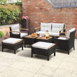 7 Piece PE Rattan Patio Sofa Set with Seat and Back Cushions 2 Ottomans 2 Coffee Tables Table Top -
