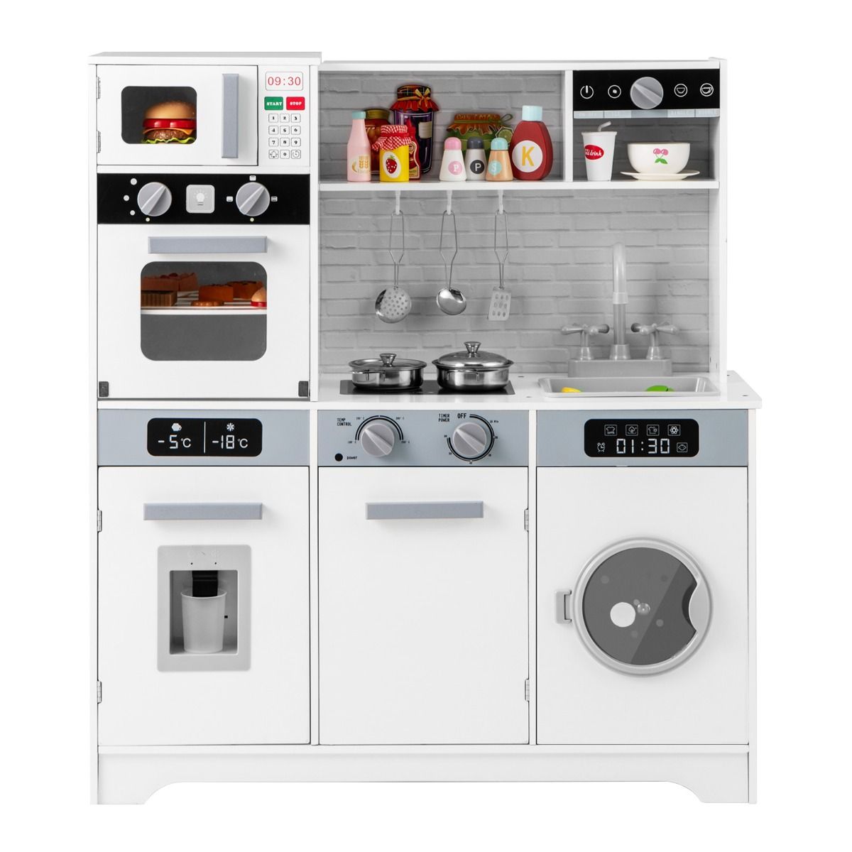 Play Kitchen for Ages 3 and Up Wooden Kitchen Toys with Sink Faucet Water Dispenser Microwave Oven Utensils White - - Image 3