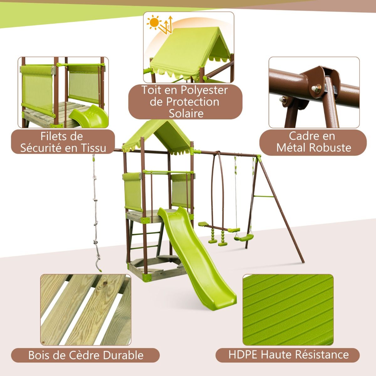 7-in-1 Swing Metal Playground with Strong Canopy Height Adjustable Climbing Rope Sandbox Slider Corrugated Slide Green - - Image 4
