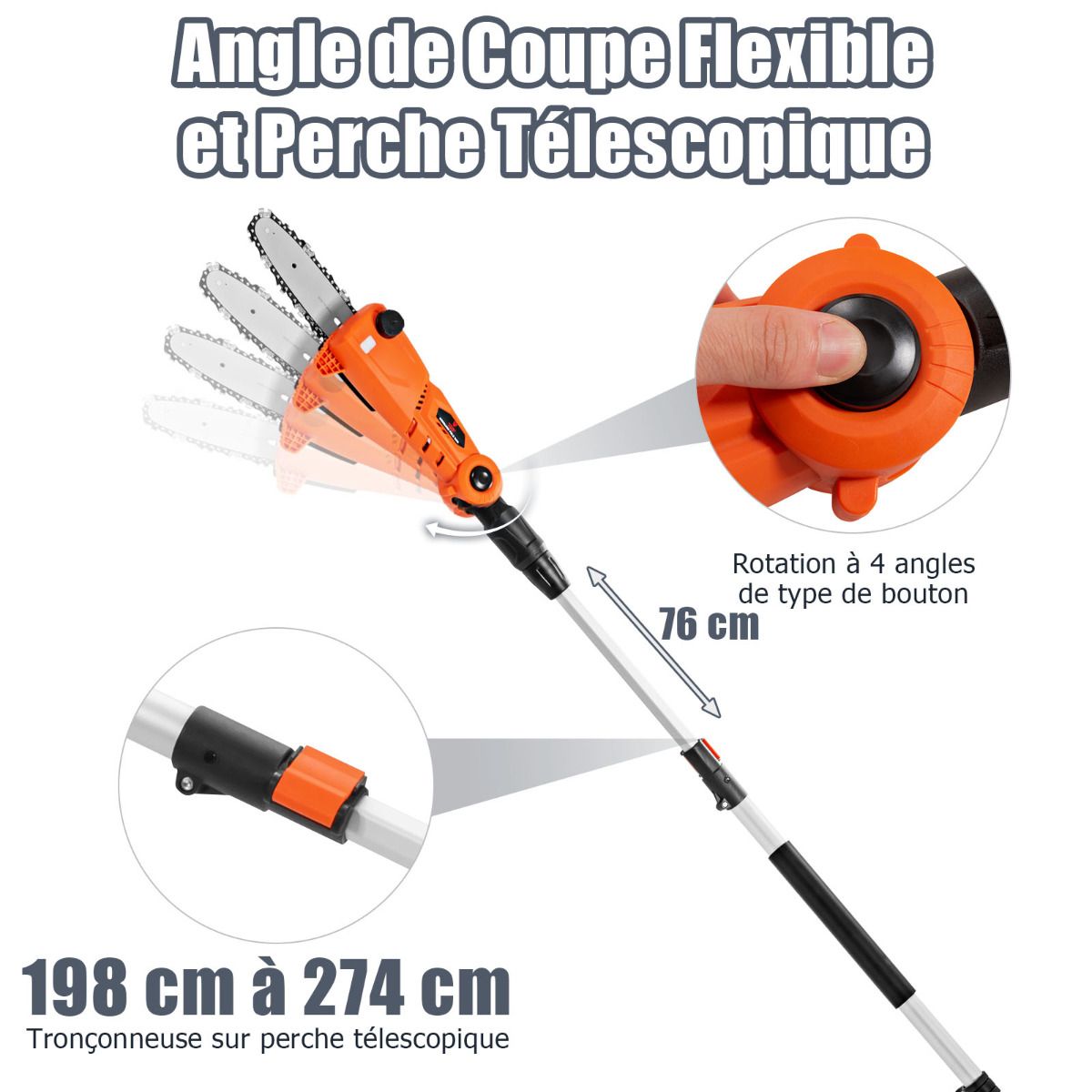 Telescopic Cordless Pole Pruner 198 -274 cm Branch Cutter with 20V Battery and Orange Charger - - Image 10